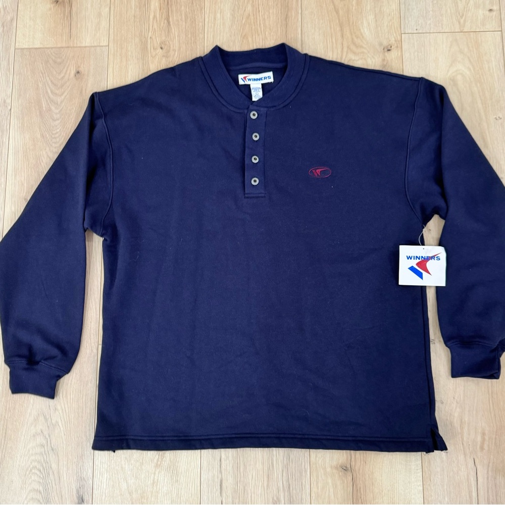 Vintage WINNERS Henley Sweatshirt Navy Blue Deadstock Long Sleeve Size L 90s Y2K